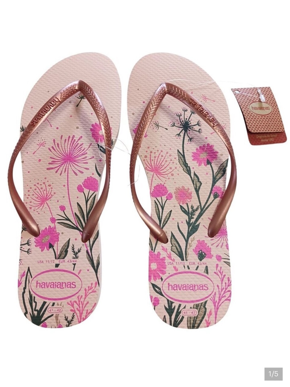 NWT Havaianas Pink Floral Flip Flops Size 11/12 Made In Brazil
